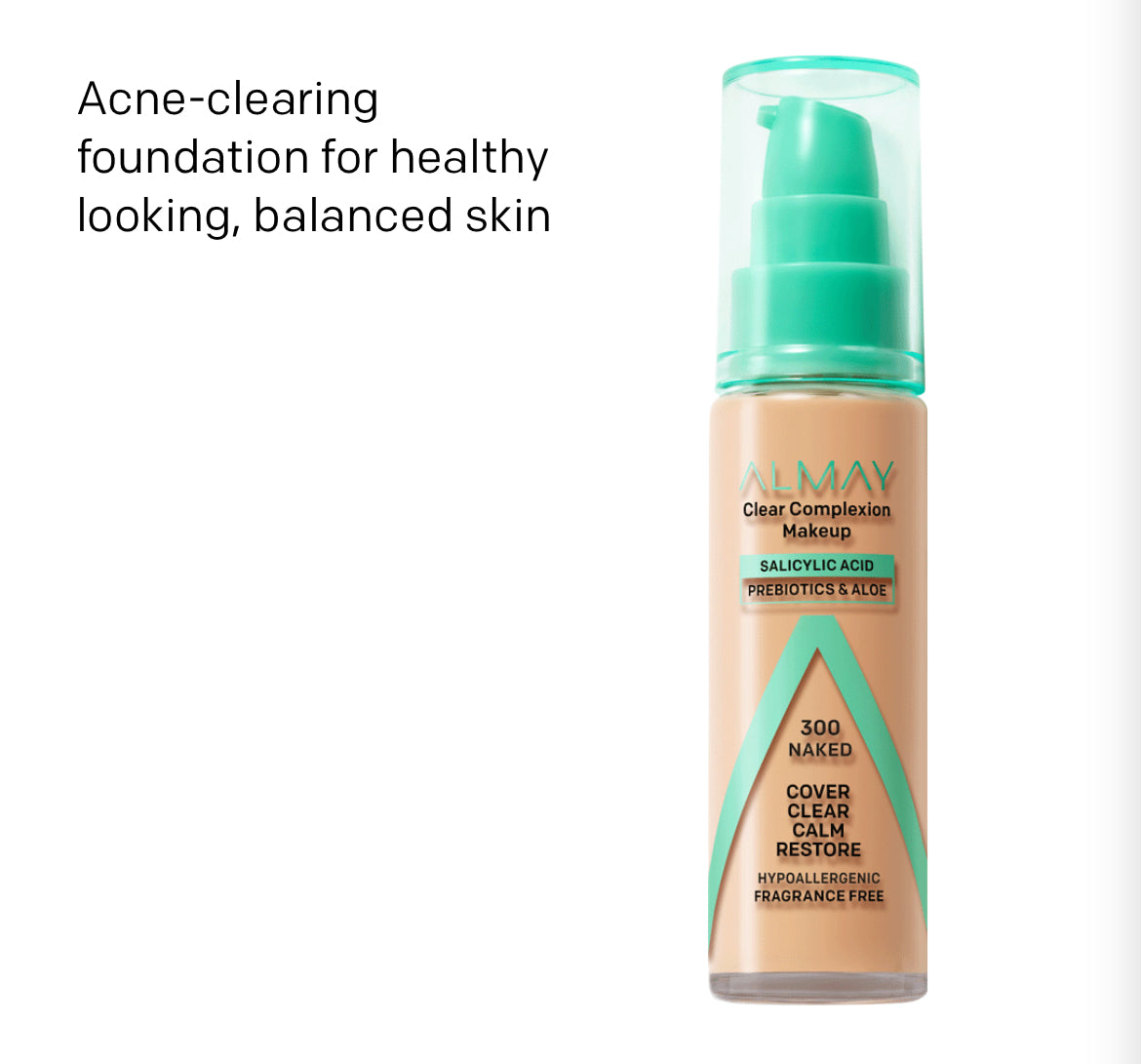 Almay Clear Complexion Acne Foundation Makeup with Salicylic Acid - Lightweight, Medium Coverage, Hypoallergenic, Fragrance-Free, for Sensitive Skin